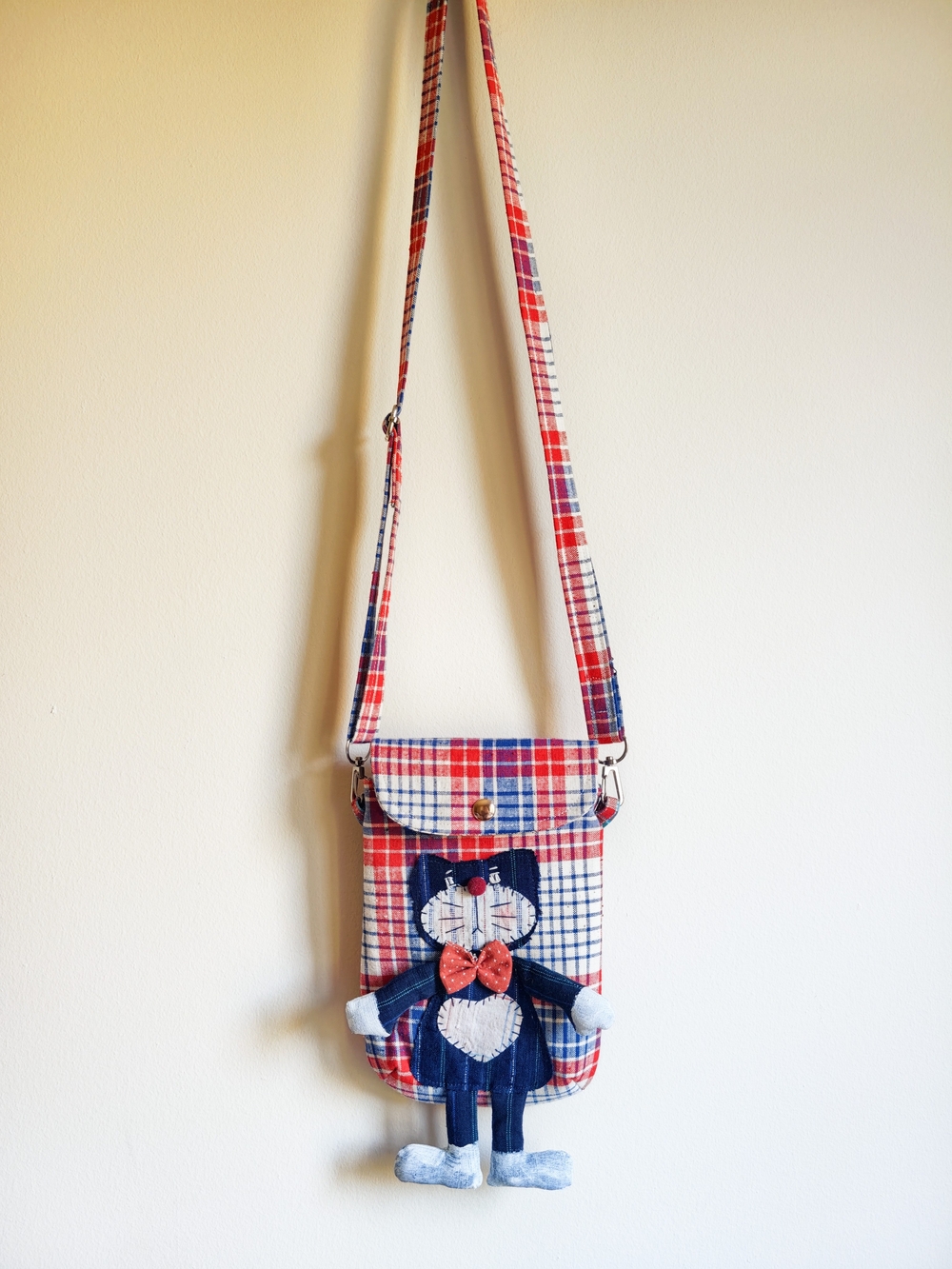 Plaid Crossbody Bag with Cat Appliqué, Boho Phone Bag, Cottagecore Purse